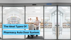 Elderly woman easily entering a modern Malaysian pharmacy through an automatic sliding door, showcasing hands-free access